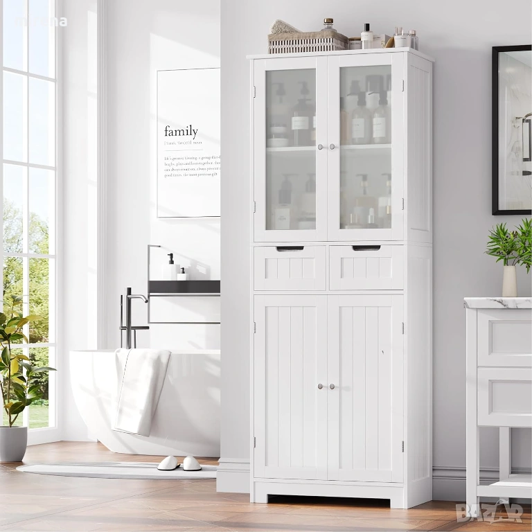 Висок шкаф за баня, стъклена врата и рафтове, 2 чекмеджета, бял, снимка 1