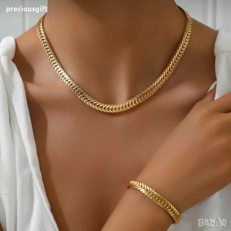 Комплект бижута от неръждаема стомана - синджир и гривна, снимка 1