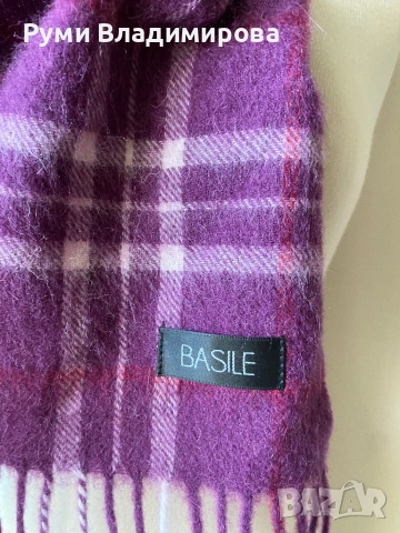 Лилав, кариран, мъжки шал, Basile, 100 % вълна, снимка 5 - Шалове - 53081155