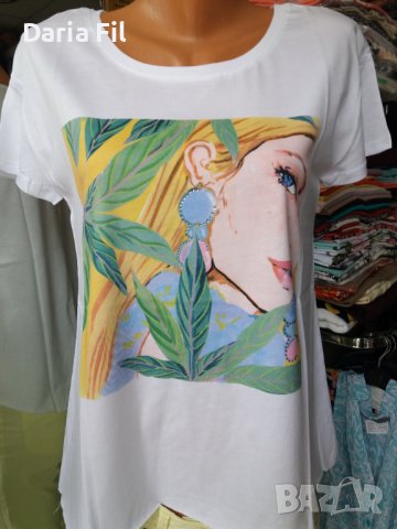 Блуза тип камбанка с леко удължен гръб и фейспринт с камъчета, снимка 1 - Тениски - 36836508