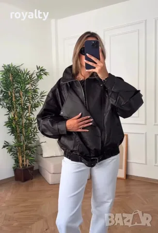 Ново Кожено Черно Дамско Яке Oversize 