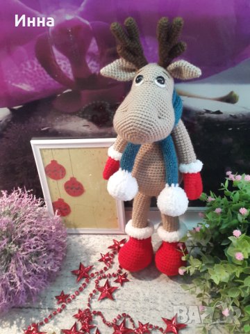 Подарък за Коледа. Елен /Рудольф с шал/, Ръчно изработена, Плетена играчка, снимка 11 - Плюшени играчки - 42626466