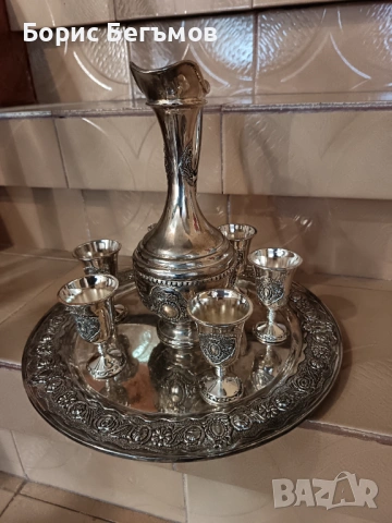 Посребрен комплект 6 бр.чаши с кана за аперитив, снимка 7 - Сервизи - 53068760