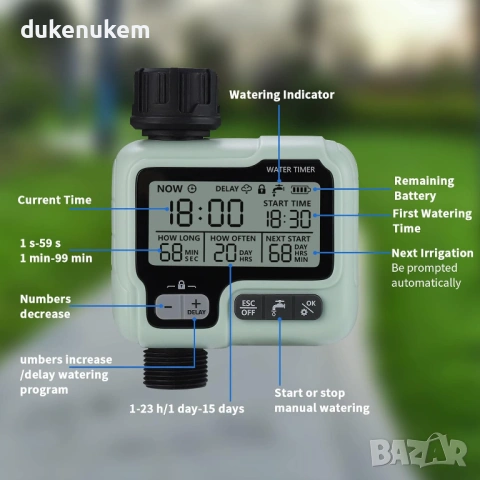 Програматор за напояване, таймер, 1 изход, автоматично поливане, 16 индивидуални програми, снимка 6 - Напояване - 53372448