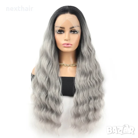 Висококачествена дантелена сива омбре перука с тъмни корени лейс фронт, снимка 6 - Аксесоари за коса - 50450951
