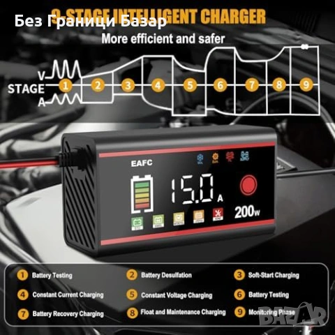 Нова 15A 12V смарт зарядно за акумулатор LCD LiFePO4 AGM GEL кола автомобил, снимка 3 - Друга електроника - 54226287