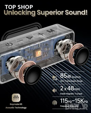 Висококачествена мощна колона Raymate R5 IPX7, снимка 8 - Bluetooth тонколони - 48507729