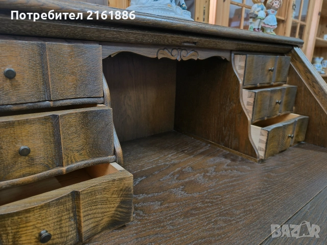 Дъбово писалище с месингови дръжки , снимка 5 - Шкафове - 54100041