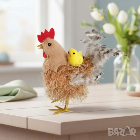 6510 Великденска декоративна фигура кокошка с пиленце в гнездо, 16×11 см, снимка 5 - Декорация за дома - 53945871