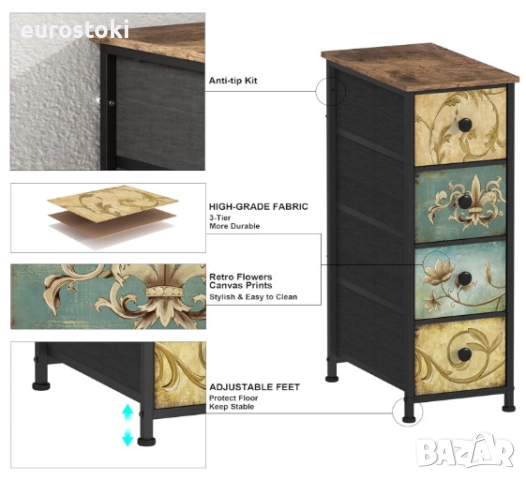 Скрин VEDECASA, тесен скрин с 4 чекмеджета от плат, метална рамка, дървен плот, винтидж дизайн, снимка 4 - Скринове - 52777328