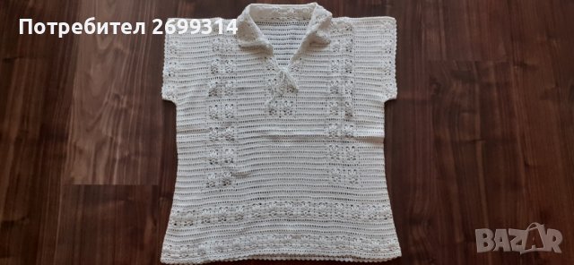 Оригинална блуза с къс ръкав и яка, изплетен на една кука, в бежов цвят, снимка 1 - Потници - 37019434