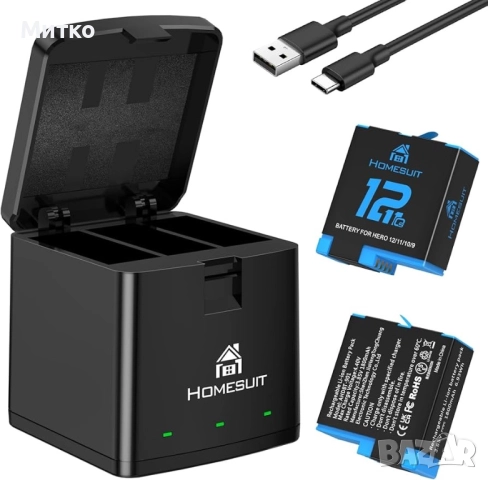 Homesuit Hero 12 11 10 9 Батерия 1800mAh и LED 3-канално USB зарядно за Gopro12Black Gopro11Black Go, снимка 2 - Камери - 52812373