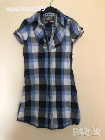 Дамска дълга карирана риза с къс ръкав в размер XS, снимка 1 - Ризи - 31900874