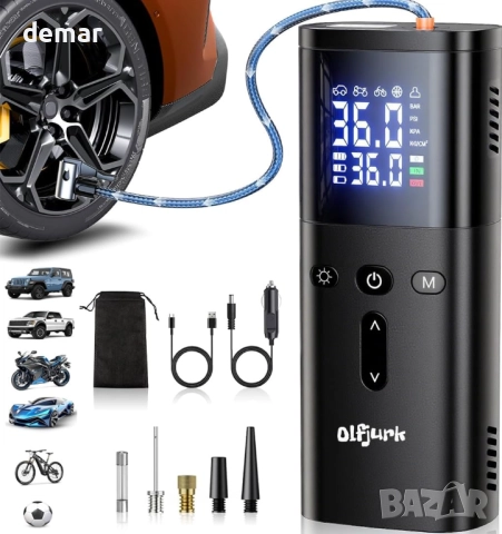 Преносим въздушен компресор за автомобилни гуми, 160 PSI, DC 12V, LED цифров дисплей, черен, снимка 1