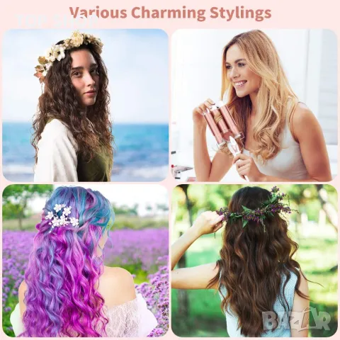 Ohuhu Маша за коса,тройни цевчета,загрява бързо с LCD дисплей за температура, розово злато, снимка 3 - Маши за коса - 48647802