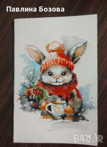 Картичка - Акварел ,,Зайче със шалче ,,, снимка 2 - Картини - 52840627