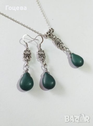 Красив комплект с тъмно зелени Тюркоази капка и нежни орнаменти цвят сребро, снимка 4 - Бижутерийни комплекти - 38762018