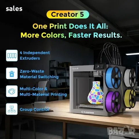 3D принтер Flashforge Creator 5, 4 независими инструментални глави, многоцветен Нулево прочистване н