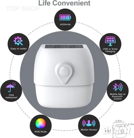 Соларна сензорна лампа с RGB, USB зареждане, IP64, работа с Alexa, снимка 3 - Соларни лампи - 49340577