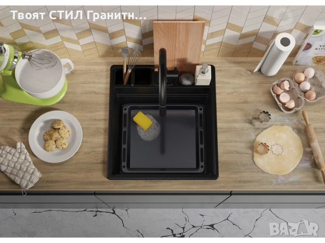 Черна кухненска гранитна мивка Ню Йорк 50 Multispace 480 x 530 мм, снимка 8 - Мивки - 51286156