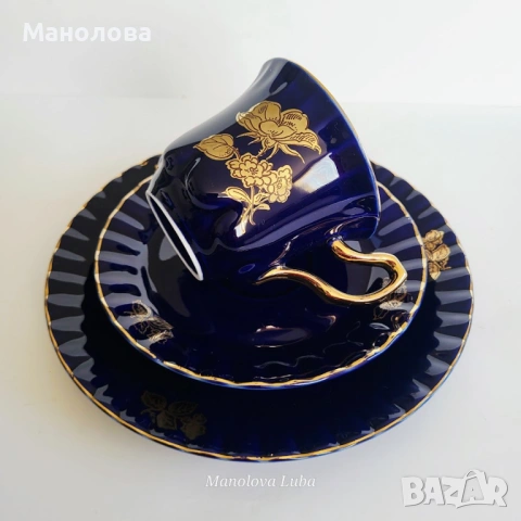 Кобалтово сини ваза Porzellanfabrik Waldsassen Bareuther & Co. AG и троен комплект , снимка 8 - Други ценни предмети - 54142289