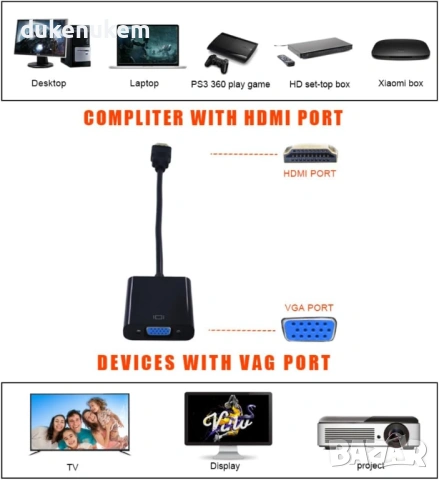 HDMI към VGA кабел + Mini и Micro HDMI адаптери, снимка 3 - Кабели и адаптери - 53243889
