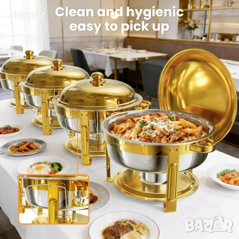 Комплект за бюфет WARMOUNTS 6L Gold Chafing Dish, 2 броя, кръгли затоплящи чинии с капак, снимка 6 - Сервизи - 54327891
