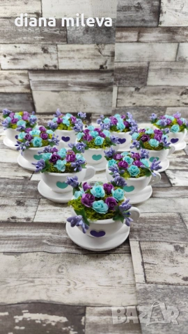 Сладурски Чашки с нежни цветлета в тюркоаз и лилаво!!, снимка 7 - Декорация за дома - 53240250