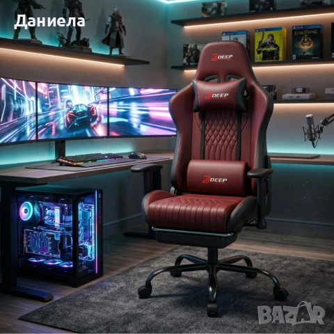 Ергономичен геймърски стол бордо с поставка за крака, регулируема височина и 3D подлакътници, снимка 4 - Столове - 54048049