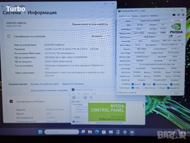 15.6' Acer Aspire Core i3-10110U/16GB/NVIDIA MX230 2GB/512GB SSD/Бат.5ч., снимка 4 - Лаптопи за работа - 54059724