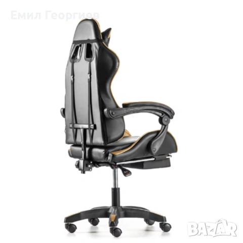 Черен геймърски стол с златисти акценти и разтегляема поставка за крака – луксозен комфорт без компр, снимка 8 - Столове за офис - 53237446