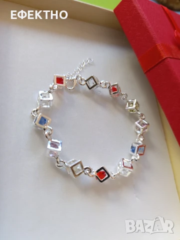 Нова, масивна сребърна гривна с разноцветни кристали, в подаръчна кутия., снимка 2 - Гривни - 50952698