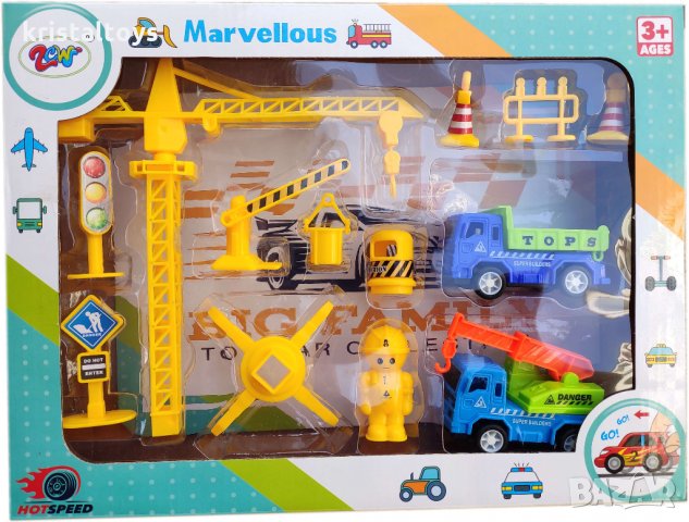 Строителна площадка с кран, камиони и аксесоари, снимка 1