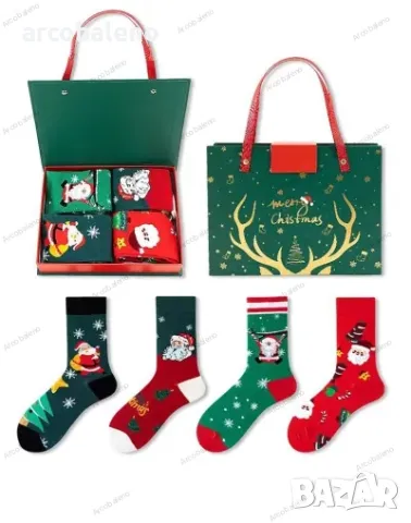 Комплект 4 чифта коледни чорапи в подаръчна кутия, 6 модела, снимка 6 - Дамски чорапи - 47828540