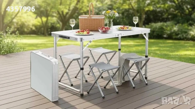 Сгъваема къмпинг маса с 4 стола и отвор за чадър - Алуминиева, снимка 2 - Къмпинг мебели - 49043333