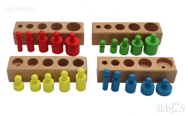 НАМАЛЕНИЯ ! Монтесори Дървени цветни цилиндри - теглилки с дръжки 4в1, снимка 10 - Образователни игри - 29958281