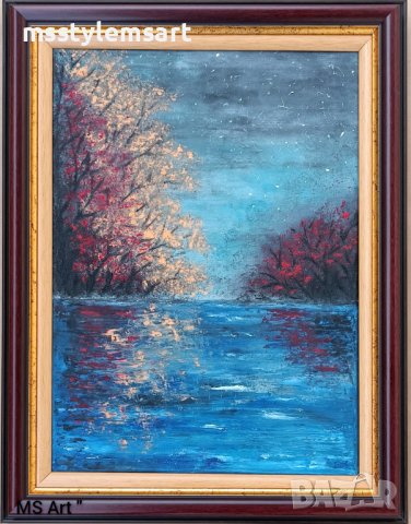Вечер над езерото " Маслена живопис , снимка 1