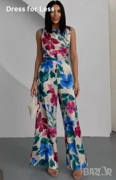 Флорален гащеризон Zara нов с етикет сатен зелено червено синьо, снимка 1