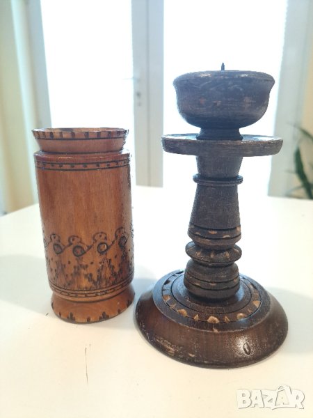 Стари дървени свещник и моливник, снимка 1