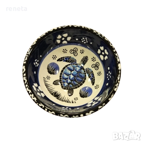 Купичка за ядки, Костенурки, Керамична, Ръчно рисувана, Син/Тъмно син, 8см/диаметър, снимка 1