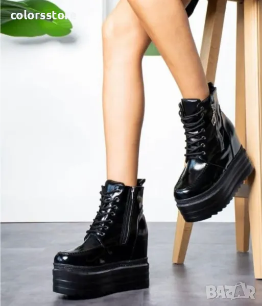 Боти на платформа - черен лак - BML88, снимка 1