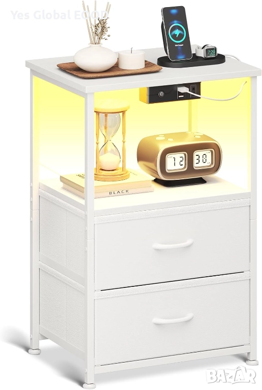 Бяла нощна масичка с LED осветление и 2 USB порта, снимка 1