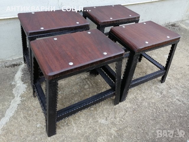 Комплект Стари Метални Табуретки, Столчета, Стара Метална Табуретка, Столче, Черешово Дърво. , снимка 3 - Антикварни и старинни предмети - 42158078