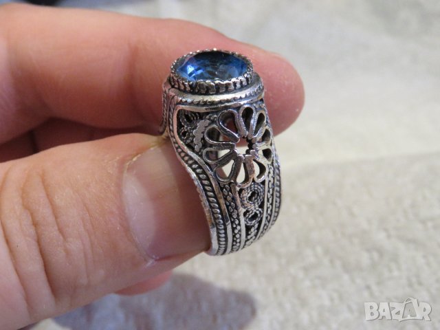 стар мъжки сребърен пръстен, стар голям османски величествен пръстен с филигран син камък, турски, снимка 5 - Пръстени - 29453542