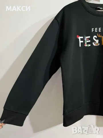 Маркова Коледна еластична топла мека ватирана блуза в черно с надпис /аутлет/, снимка 2 - Блузи с дълъг ръкав и пуловери - 48489142