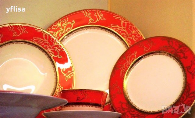 Червен комплект чинии от костен порцелан за съдомиялна машина, снимка 5 - Сервизи - 28078031