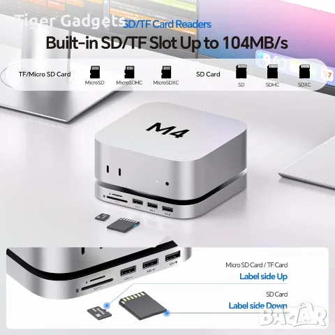 PULWTOP BD240D Dock за Mac mini M4/M4 Pro 2024 – DP 4K 144Hz, HDMI 4K 60Hz, M.2 NVMe до 4TB, снимка 5 - Кабели и адаптери - 56079837