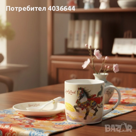 Подаръчен късметлийски порцеланов комплект – чаша, чинийка и лъжичка с празничен дизайн на коне, снимка 4 - Други - 52576629