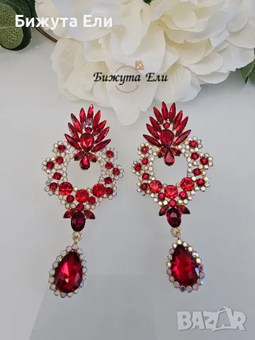 Обеци червени кристали , снимка 2 - Обеци - 48441038