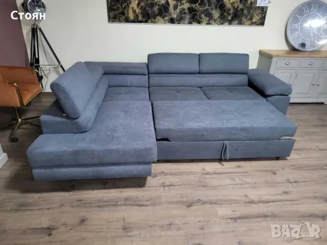 Сив ъглов диван от плат с фунция сън и ракла, снимка 7 - Дивани и мека мебел - 49329274